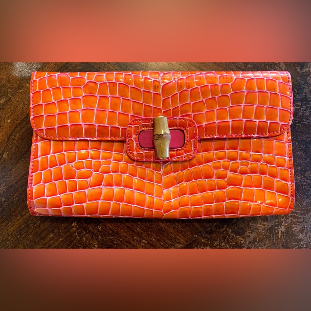 J. Mclaughlin Orange Pink Croc Imprint Envelope Clutch Bag